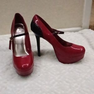 Dark red stilettos with black strap